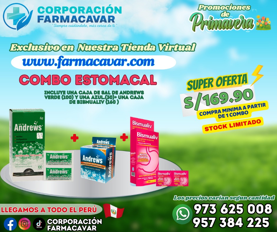 COMBO ESTOMACAL (SAL DE ANDREW VERDE 100UNDS Y 1 AZUL 30UNDS Y 1 CAJA DE BISMUALIV)